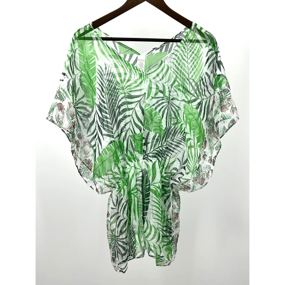 West Loop Sheer Blouse Tropical Beachy Boho Green Palms One Size - Picture 2 of 7